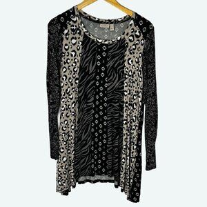 LOGO Lori Goldstein Long Sleeve Mixed‎ Print Black Knit Tunic Blouse Size Medium